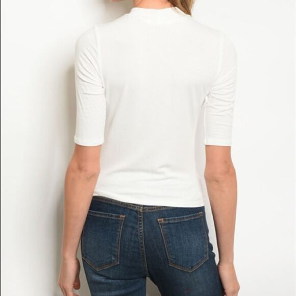 Ivory Ribbed Mock Neck Top with Front Twist Detail White Tee Size Large - Picture 2 of 5